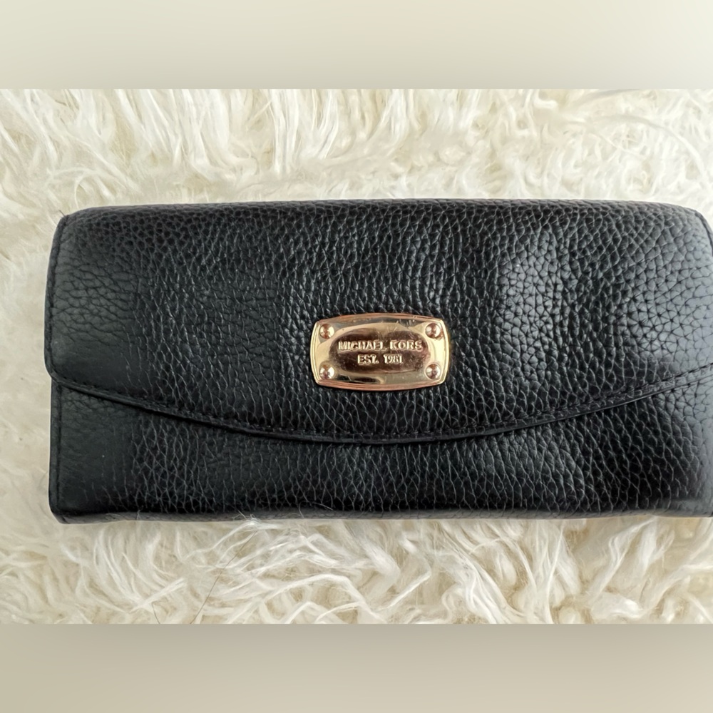 Michael Kors Black Pebbled Leather Clutch Wallet with Gold Plate Logo